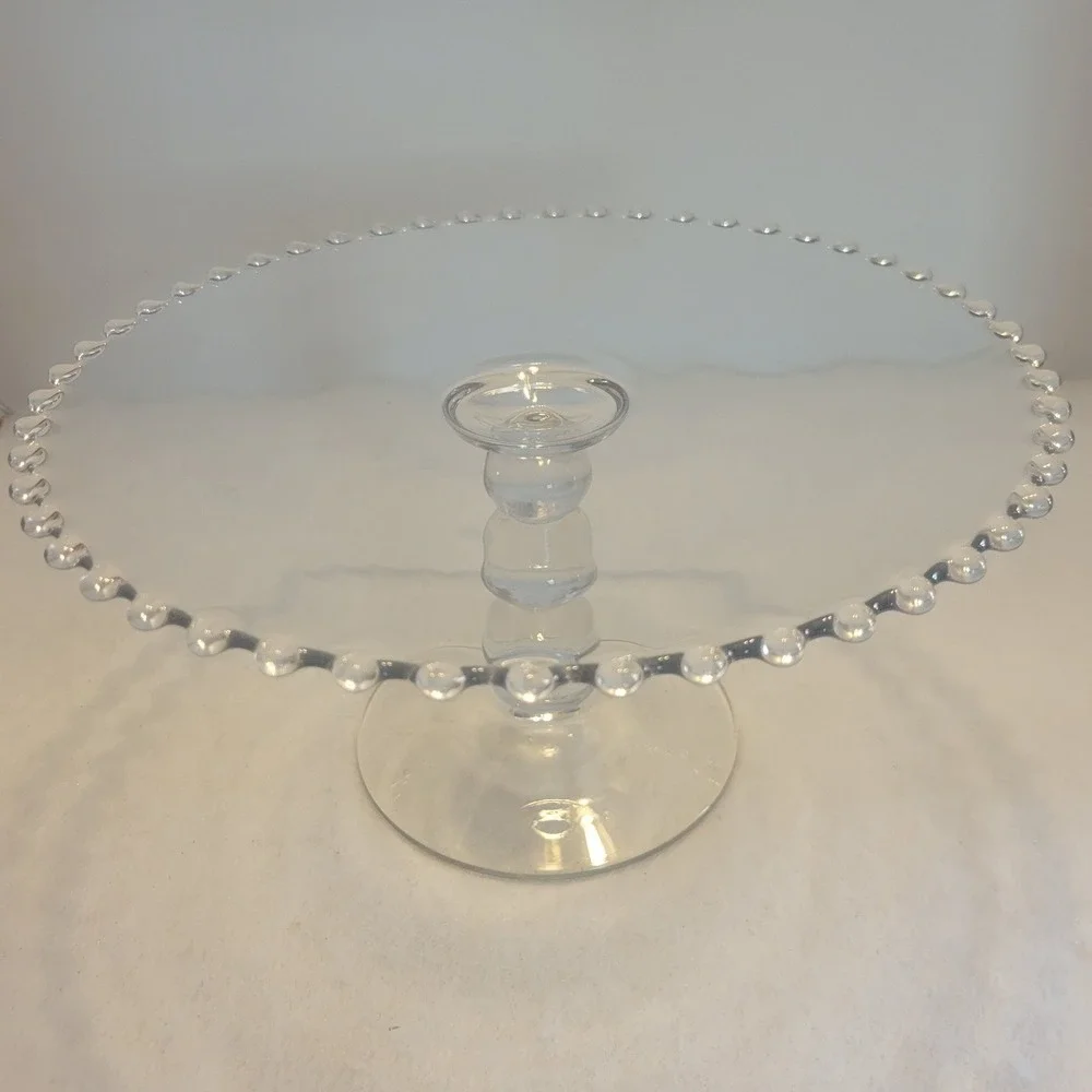 Cake‎ Stand 11in Clear Glass Beaded Rim Stacked Ball Pedestal Base Dessert Party